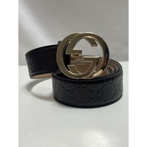 Men's Gucci Monogram Brown Leather Belt Gold Buckle Size 105-42 Gs All Over